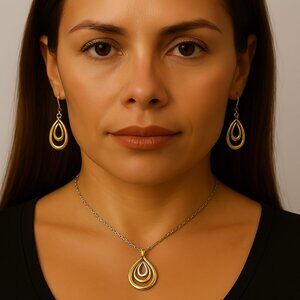 Dual-Tone Teardrop Pendant Necklace & Earrings Set – Women's Fashion Jewelry